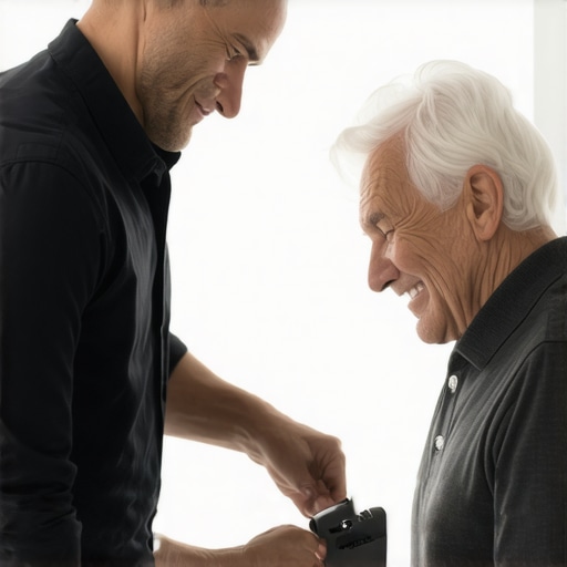 Technician delivering professional support to a happy homeowner in a contemporary living room.