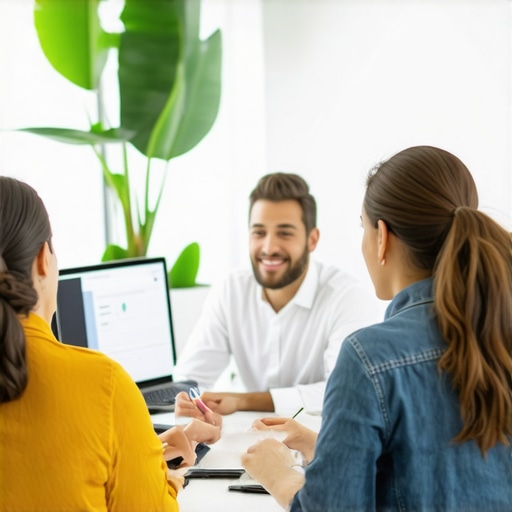 Support team collaborating with a local business owner in an office