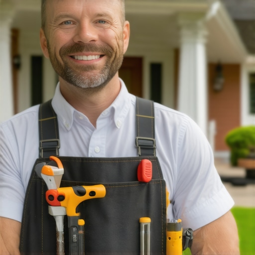 A professional handyman smiling with tools outside a house.