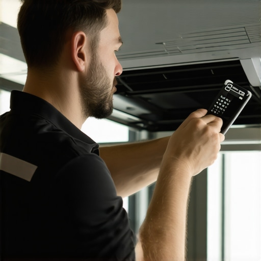 Technician diagnosing HVAC system in a modern home, showcasing expertise and trust