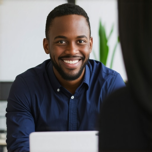 Support expert helping a community member with a smile