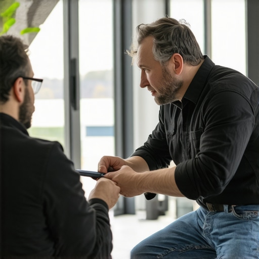 Technician consulting with homeowner in eco-friendly house, regional expertise