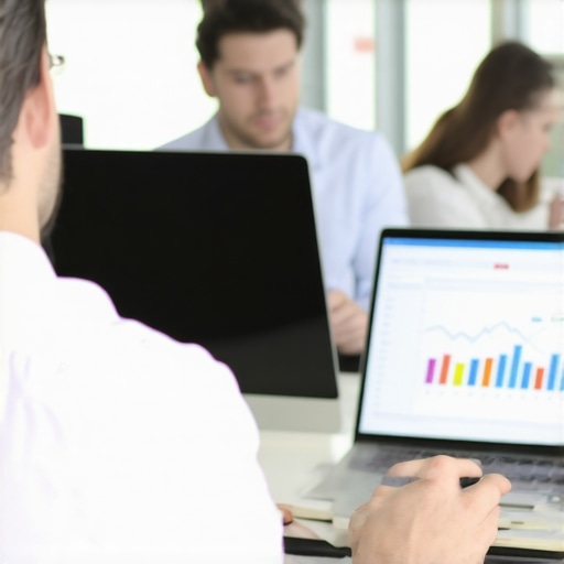 Support team analyzing data analytics and protocols in an office setting