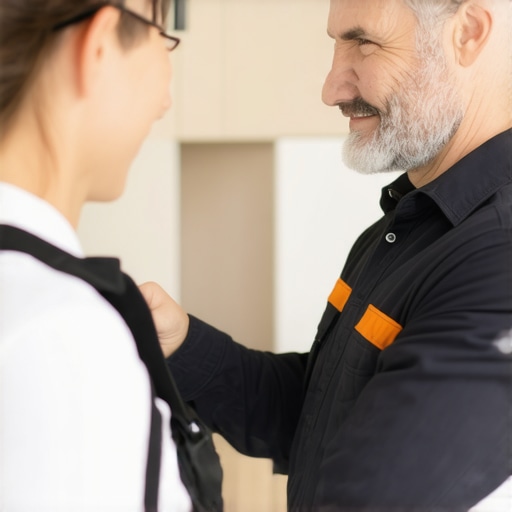A technician helping a happy customer in a home setting, symbolizing guaranteed support.
