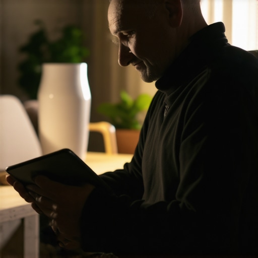 A professional technician assisting a homeowner in a cozy living room setting.
