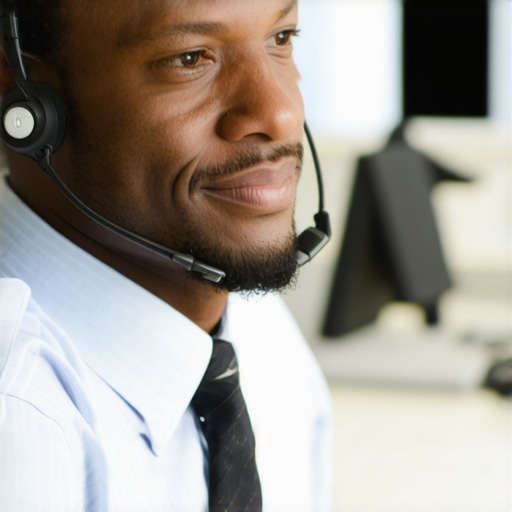 A support technician on the phone providing assistance in a modern office
