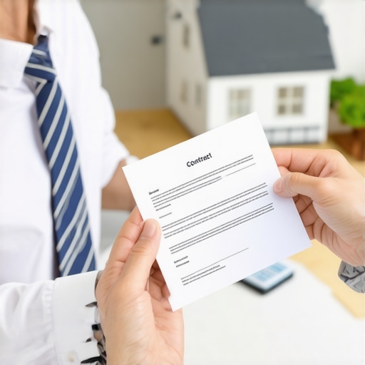 Trustworthy Local Expert Offering Service Agreement Homeowner reviewing a service contract with a local expert in a well-lit house.