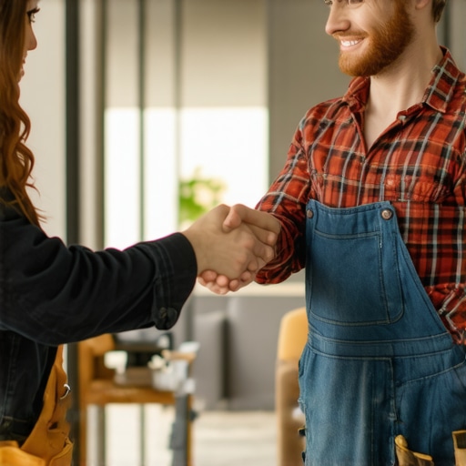 A local handyman and customer discussing repair support in a home