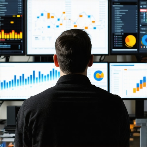 Person analyzing support system dashboards with various charts and alerts.
