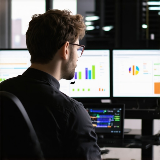 IT support technician overseeing system performance dashboards on dual monitors.