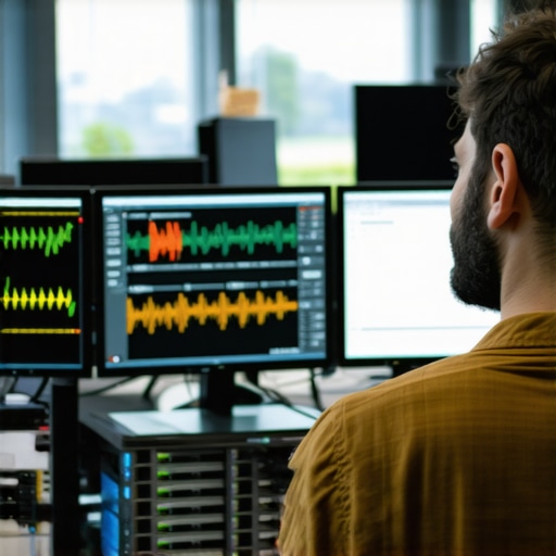 Monitoring Support Tools in Action A network technician analyzing performance data on several monitors in an office setting