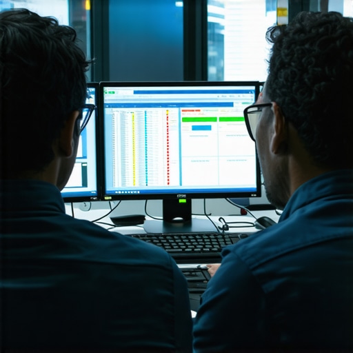 Technician monitoring network performance on multiple screens.