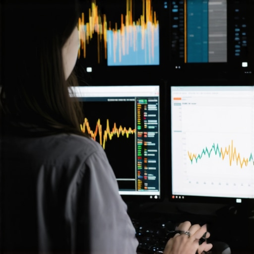 Proactive Tech Maintenance with Monitoring Tools. Person analyzing network performance on multiple screens for ongoing support.
