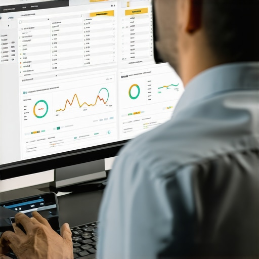 Technician analyzing support system dashboards with real-time metrics.