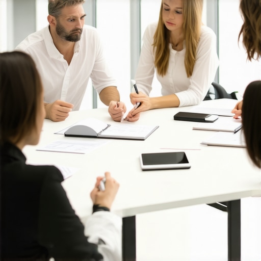 Support team examining service guarantee contracts to ensure quality and accountability.