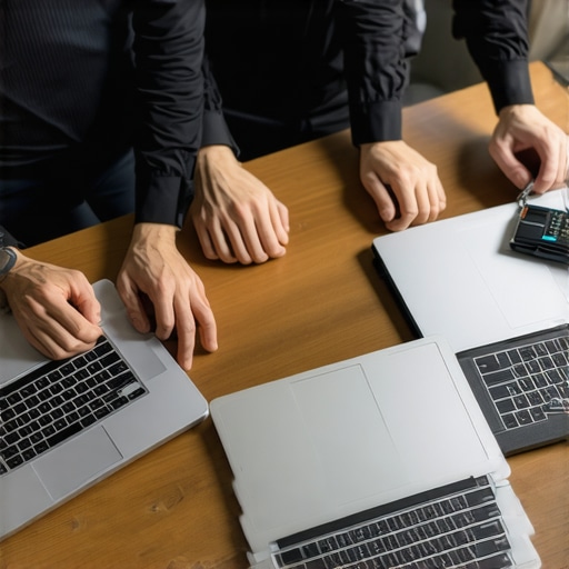 A support team working on laptops with digital tools, representing reliable customer support and maintenance.